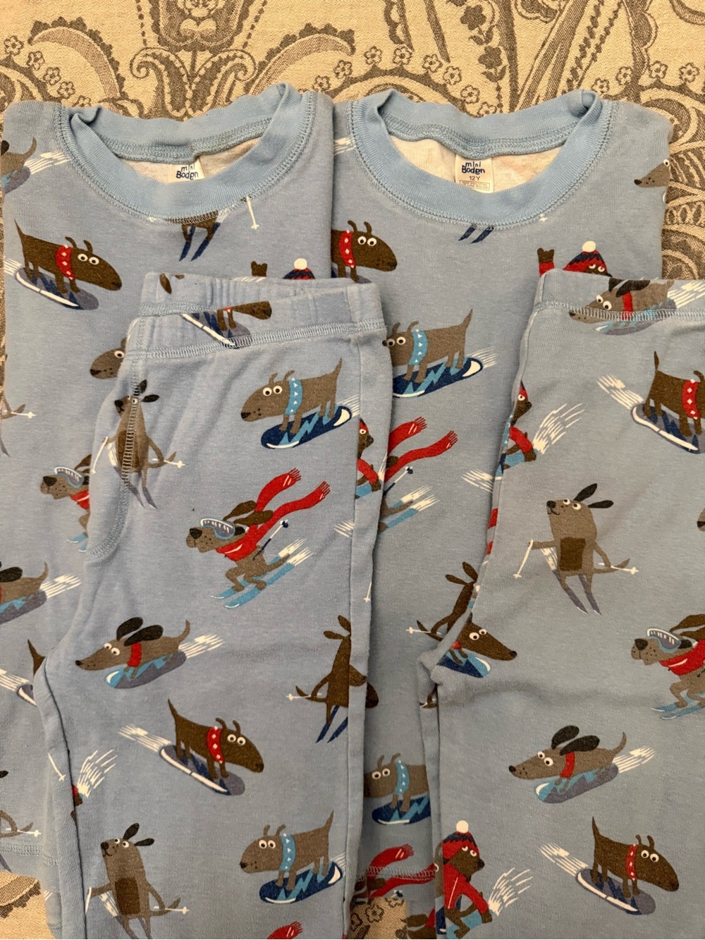 TWO Mini Boden Light Blue Ski Dogs Pajama Sets for Kids - 12y